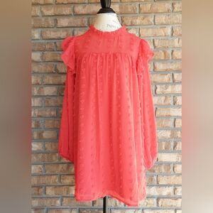 JODIFL Coral Pink Ruffle-Sleeve Textured Shift Dress